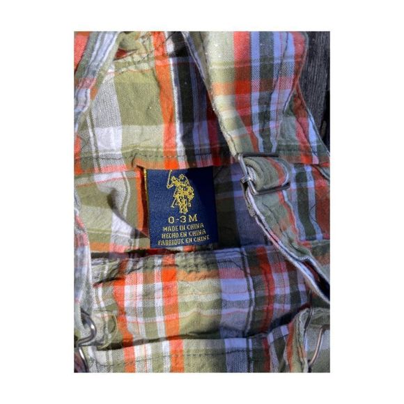 US Polo Association Plaid Shortalls Green Orange Sz 0-3M - Picture 3 of 5
